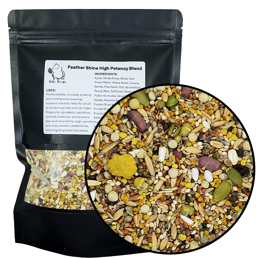 Black bag of Feather Shine High Potency Blend with detailed ingredients label and close-up of the seed mix.
